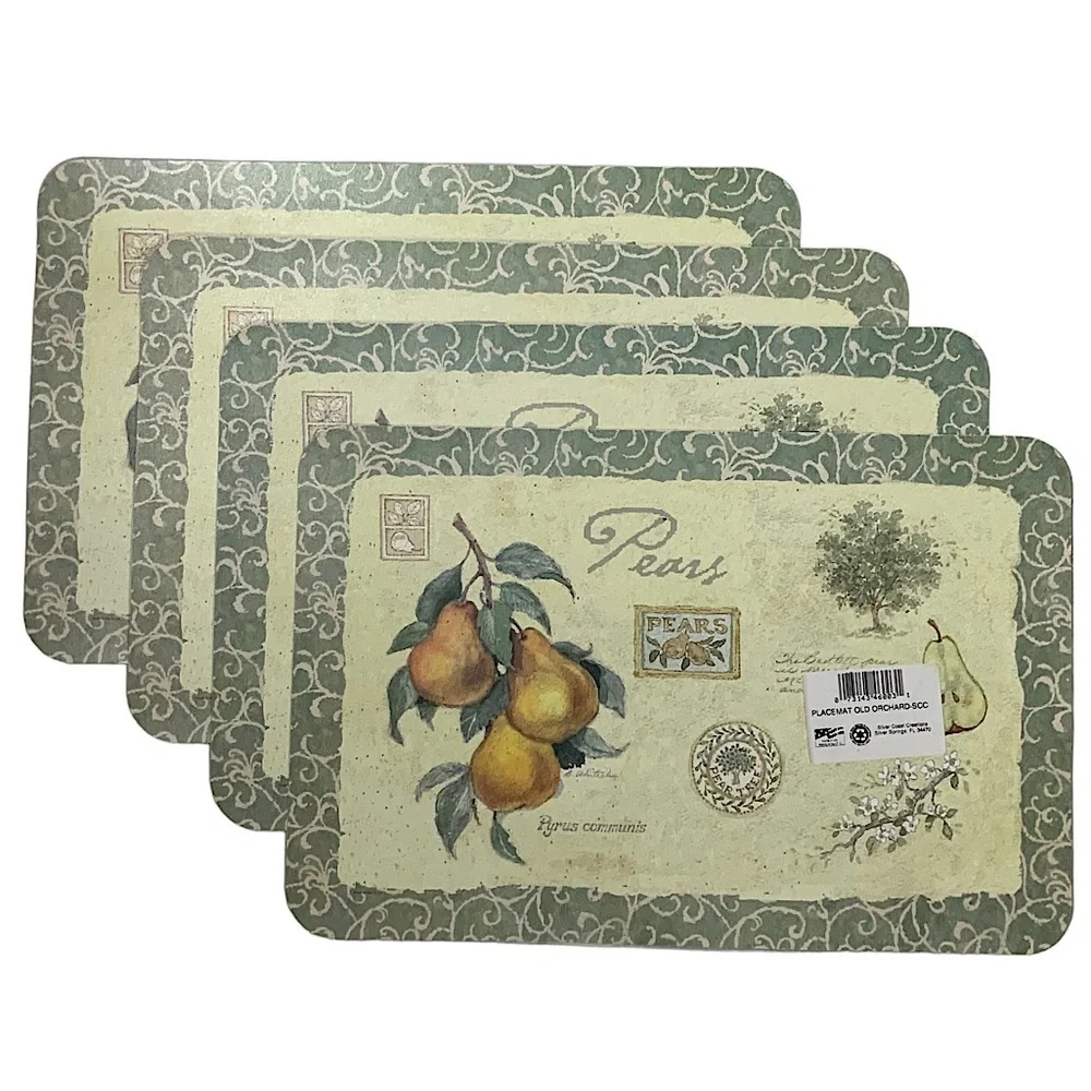 Apple Pear Orchard Placemats  Reversible Easy Care Farmhouse Set of 4 Red Green